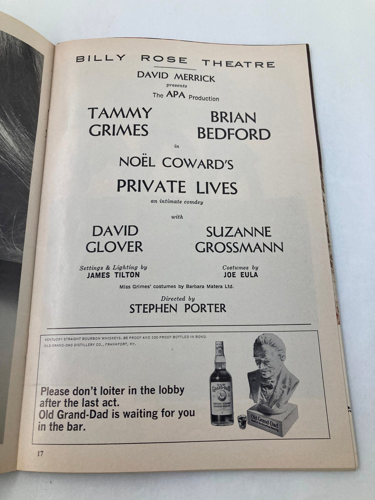 Credits page of the 1969 Playbill from Billy Rose Theatre, listing Tammy Grimes, Brian Bedford, and other cast members in the production of Private Lives.