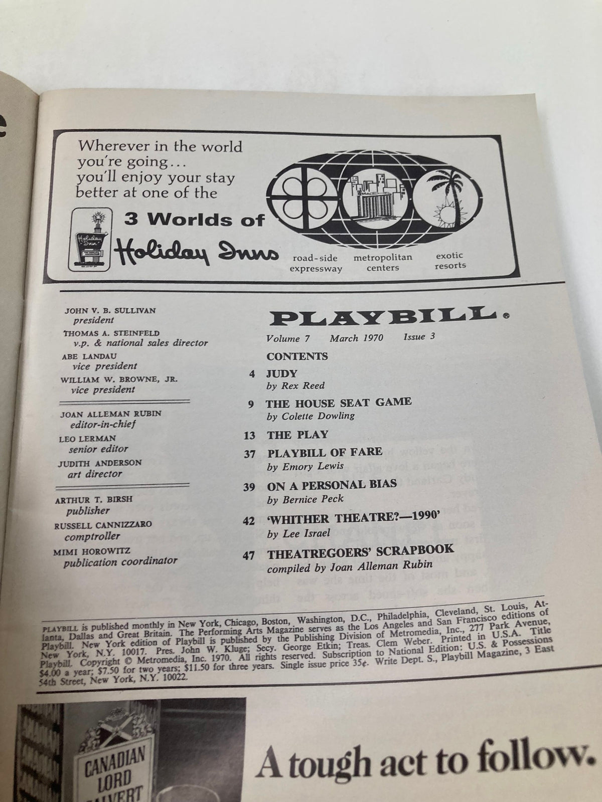 Inside page of the 1970 Playbill for Anta Theatre, listing contents and advertisements, including promotional content for Holiday Inns.