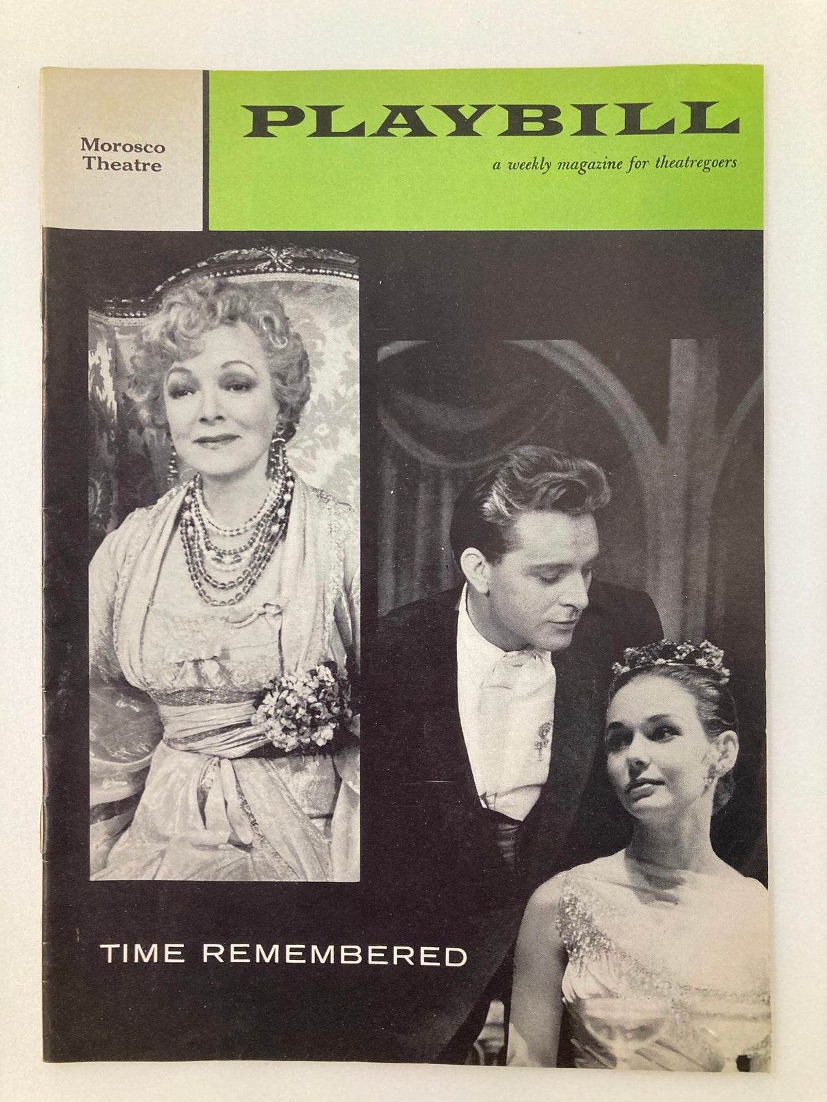 1958 Playbill for Time Remembered featuring Helen Hayes and Richard Burton, showcasing classic theater artistry from the Morocco Theatre.