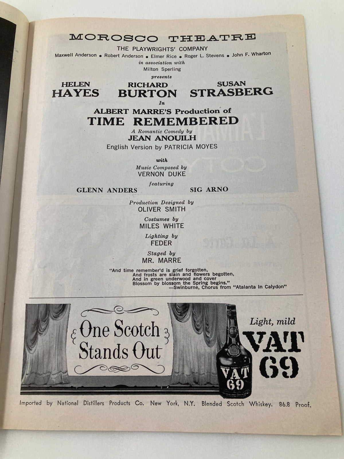 Another interior page of the 1958 Playbill for 'Time Remembered' at the Morocco Theatre, showcasing cast information and production details.