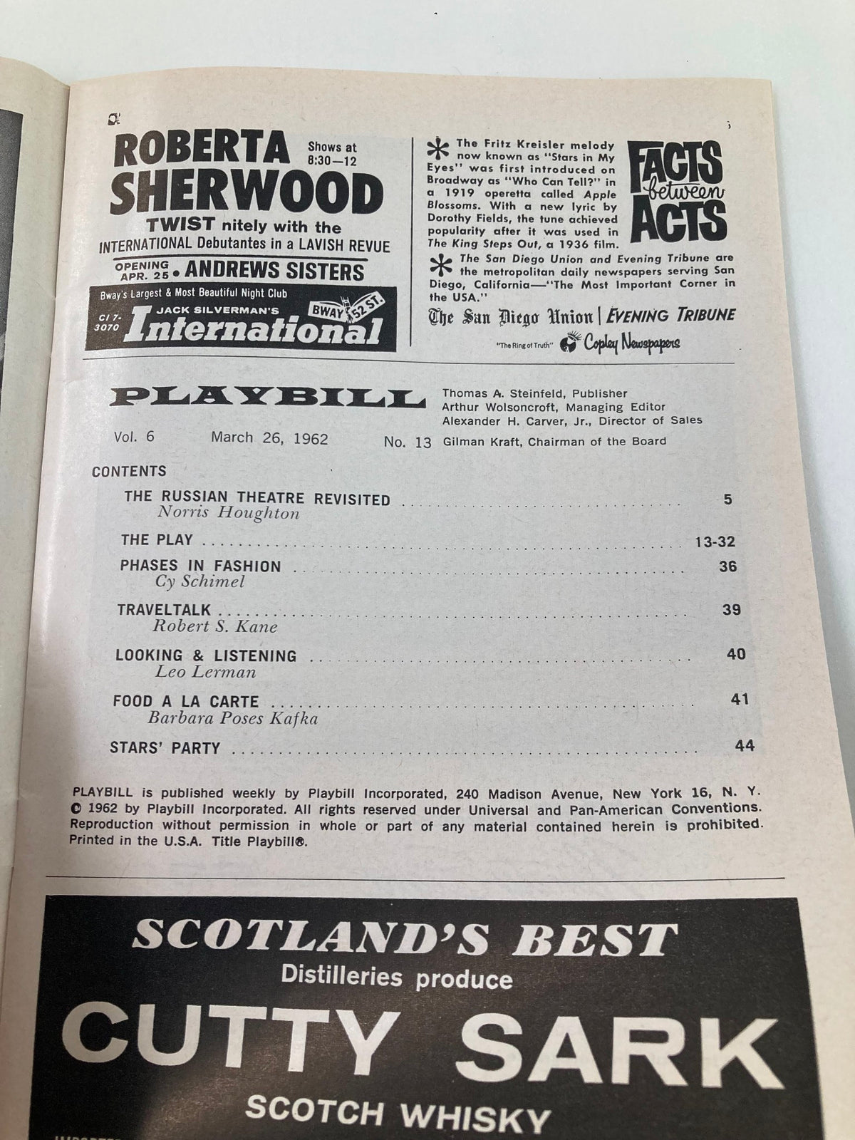 Inside page of the 1962 Playbill from Winter Garden Theatre, detailing contents and advertisements, including features about theatre and performances.