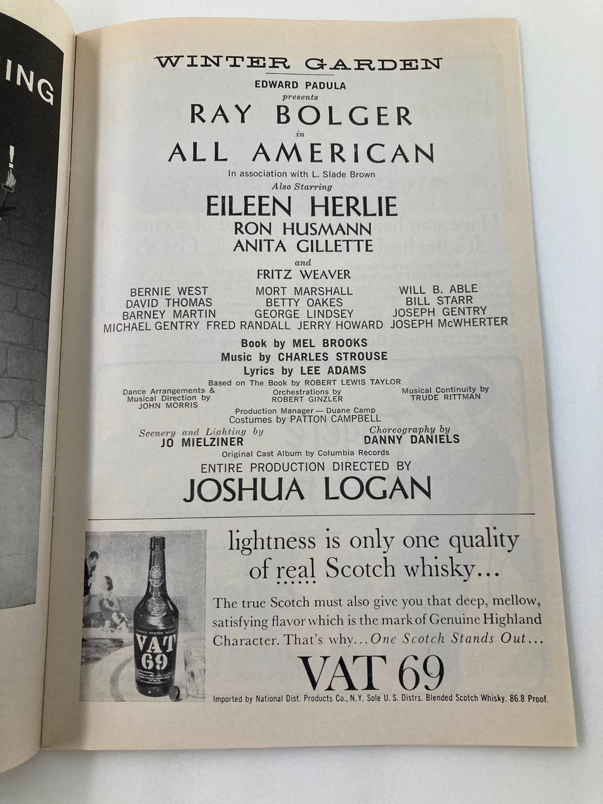1962 Playbill Winter Garden showcasing Ray Bolger and Eileen Herlie in the musical All American, featuring cast and production details, including lyrics by Lee Adams.