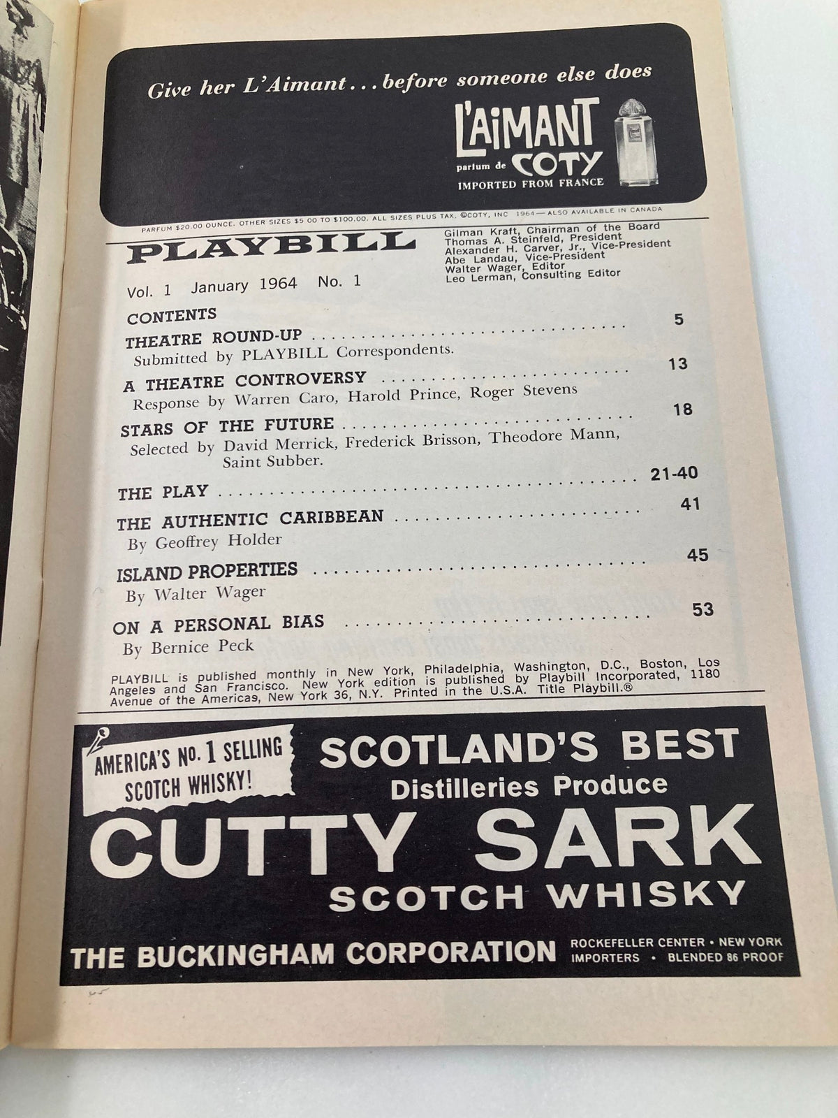 Inside page of the 1964 Playbill from Royale Theatre, presenting the contents including theatre news and advertisements, dated January 1964.