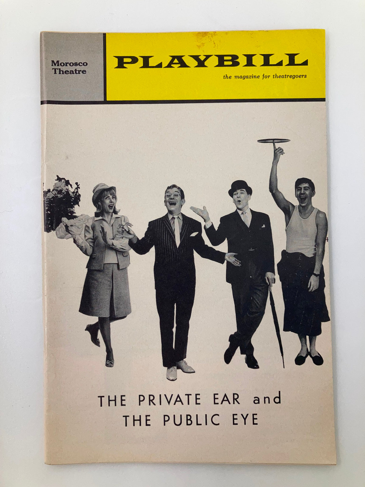1964 Playbill from The Morosco Theatre showcasing the productions The Private Ear and The Public Eye, featuring a black and white image of actors performing.