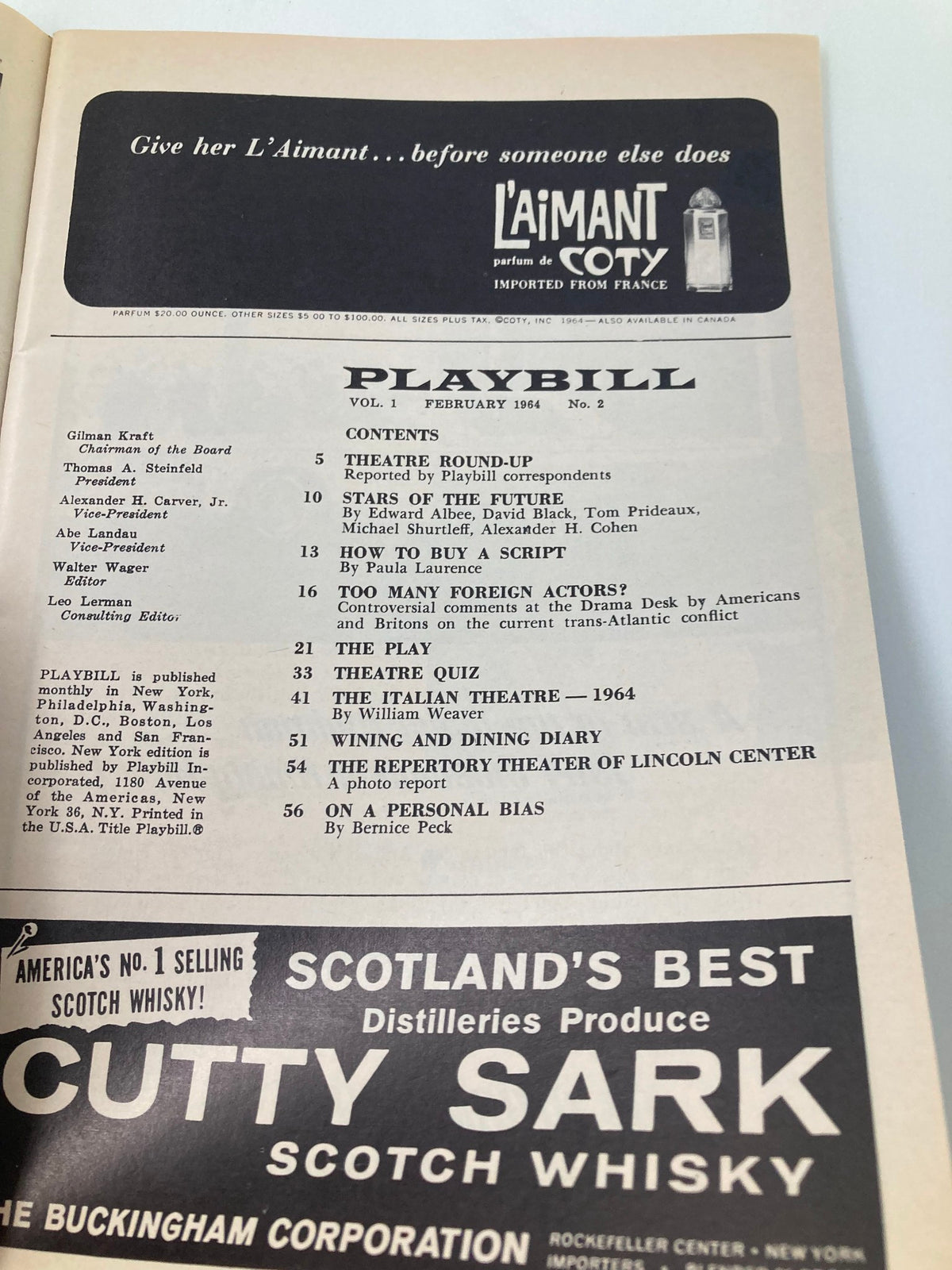 Interior page of the 1964 Playbill from The Morosco Theatre, displaying detailed contents and articles related to theatre in February 1964.