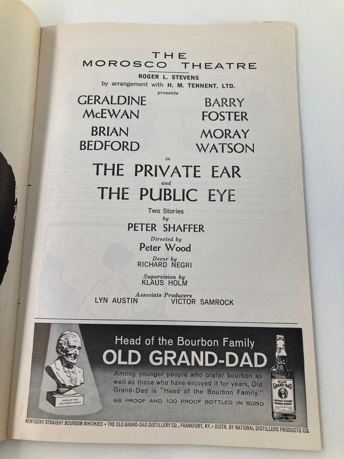 Another interior page of the 1964 Playbill from The Morosco Theatre, featuring cast and crew information for The Private Ear and The Public Eye.
