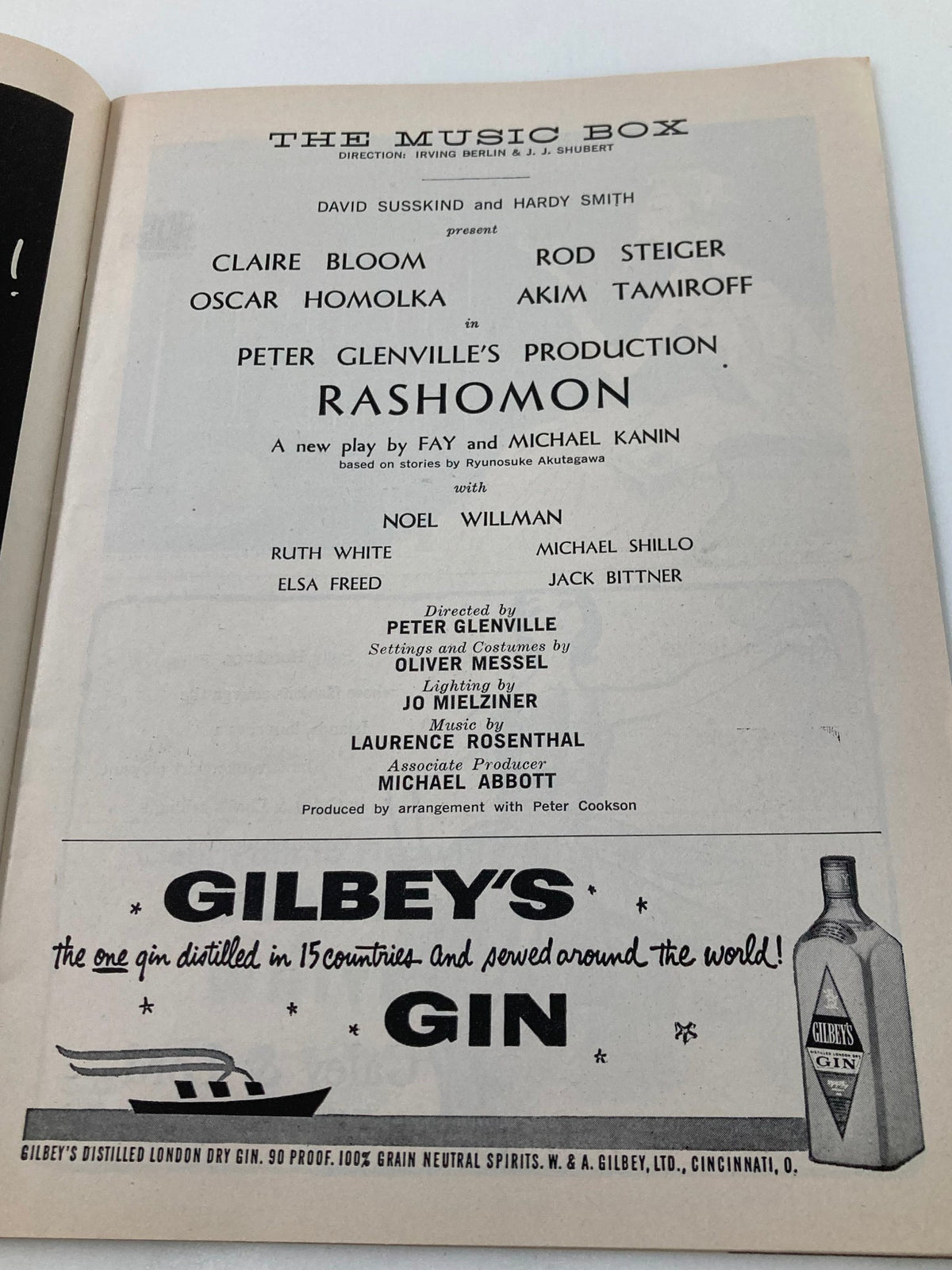 The Music Box playbill from 1959 featuring Claire Bloom and Rod Steiger in Rashomon. This page includes cast details and production credits for the acclaimed theater performance.
