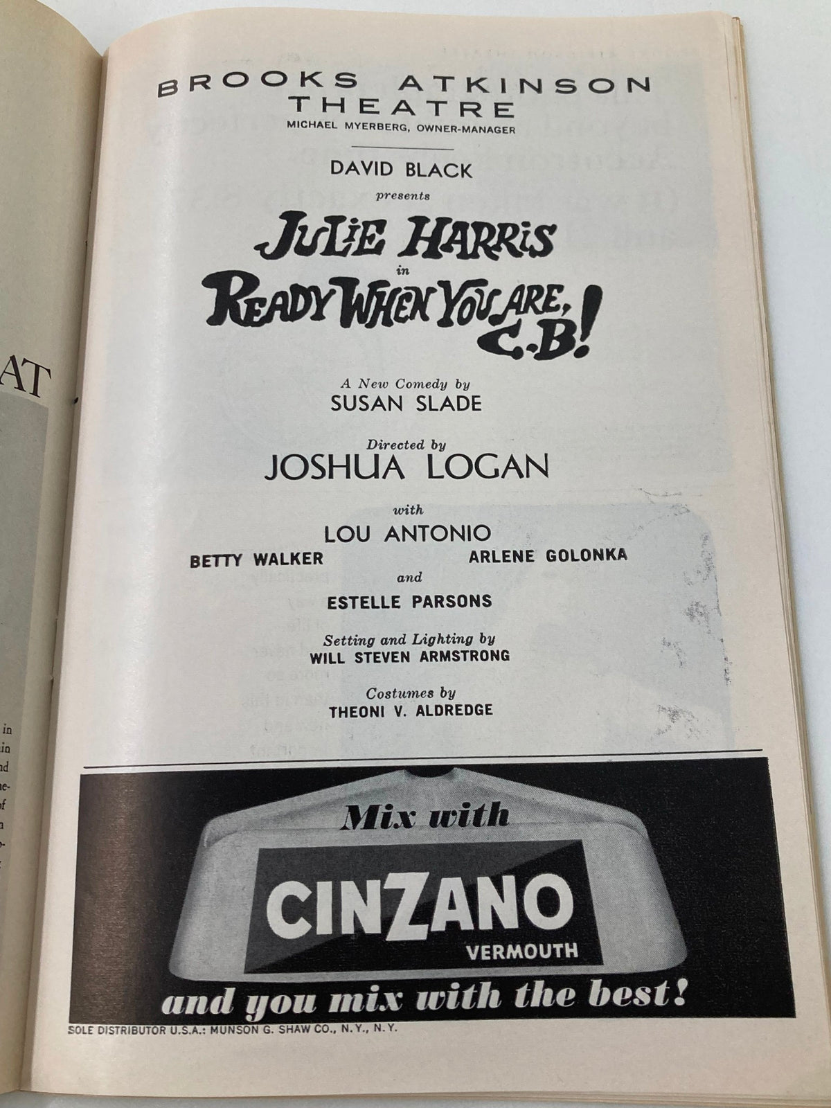 Interior page of the 1965 Playbill for Brooks Atkinson Theatre featuring Julie Harris in Ready When You Are, C.B!, includes cast and crew details.