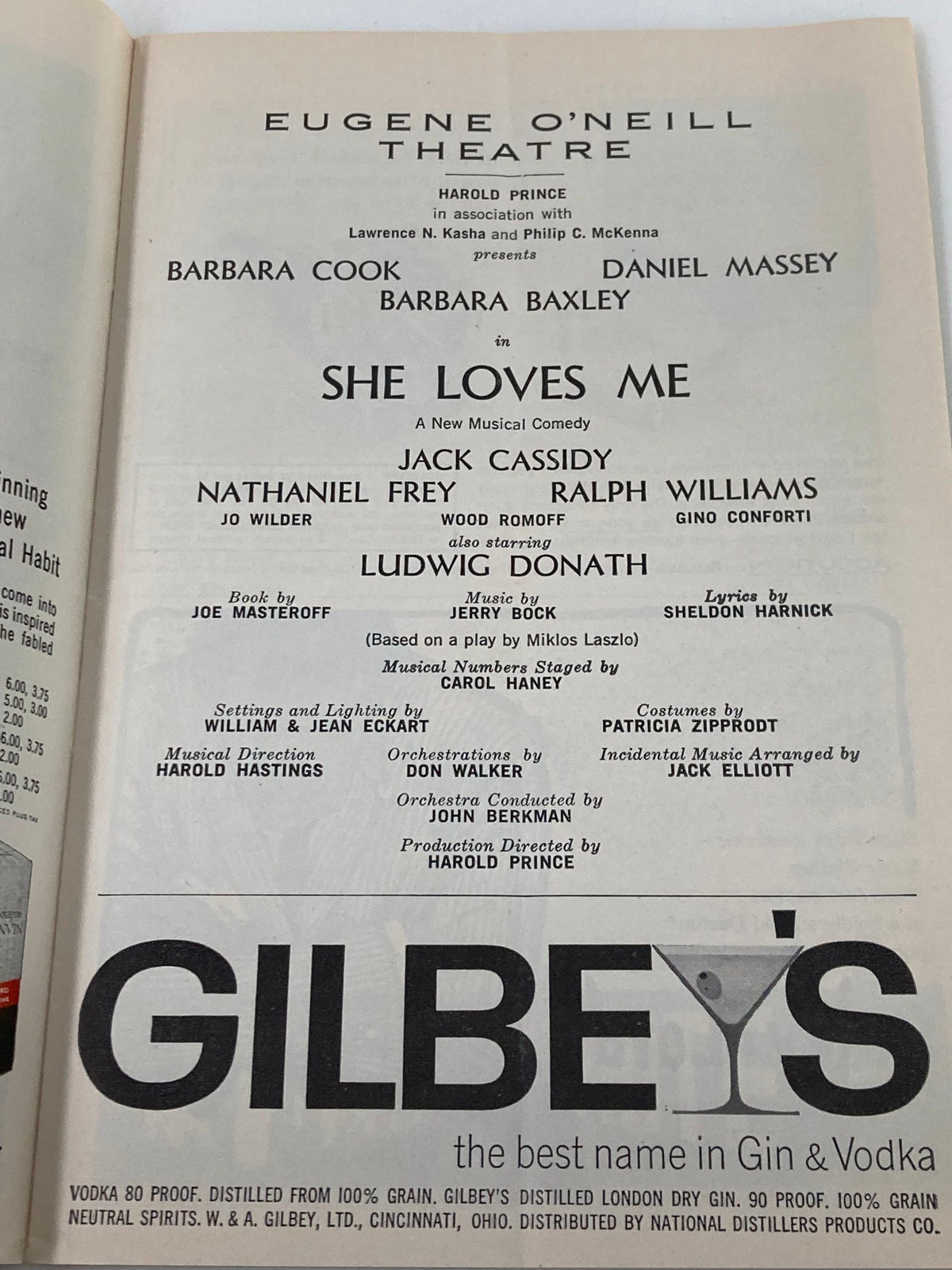 1963 Playbill from Eugene O'Neill Theatre featuring Barbara Cook in the musical 'She Loves Me', showcasing the cast and creative team, including notable names like Harold Prince and Daniel Massey.