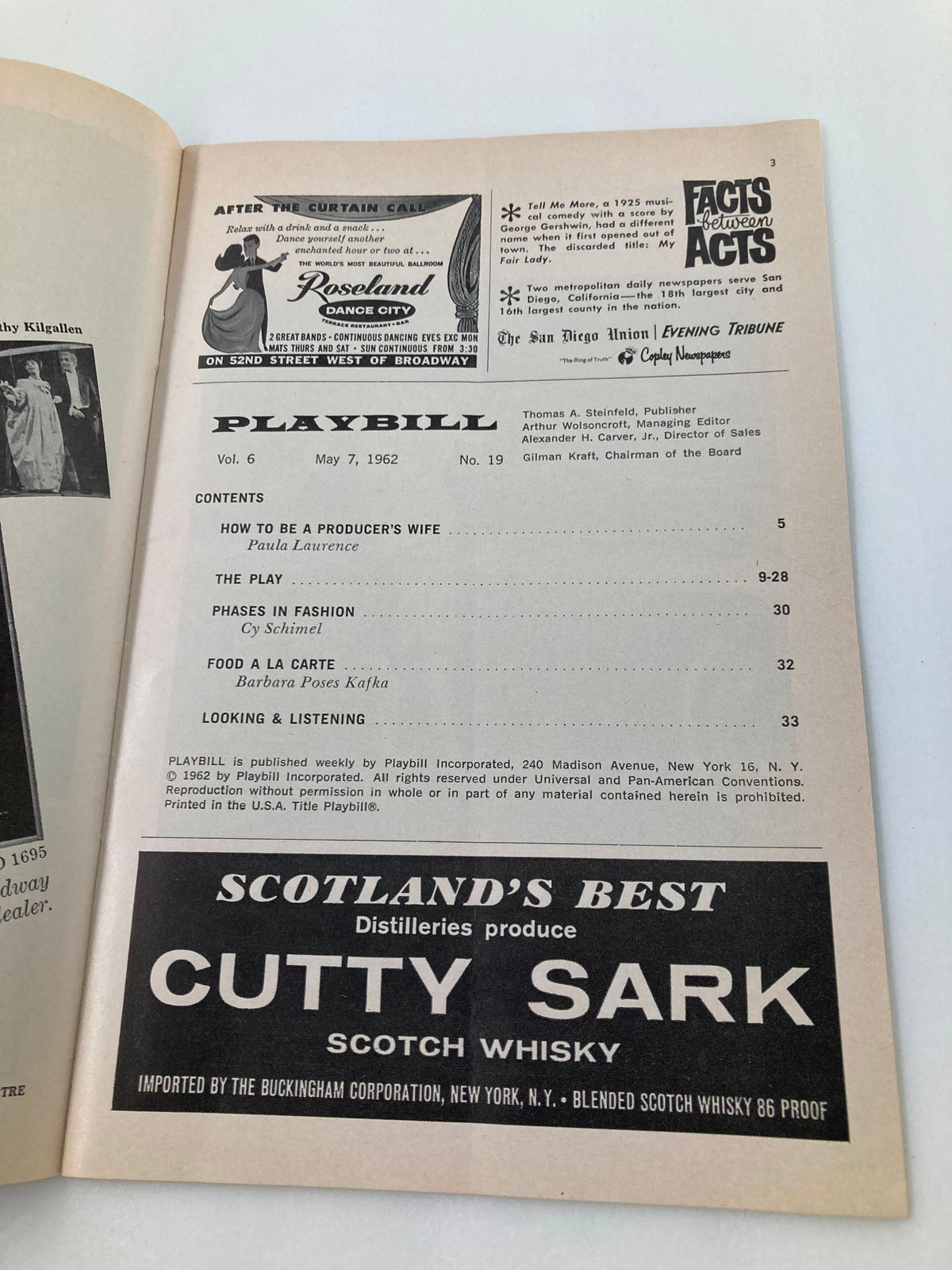 Inside pages of the 1962 Playbill for A Man For All Seasons detailing the contents and advertisements, showcasing its historical significance.