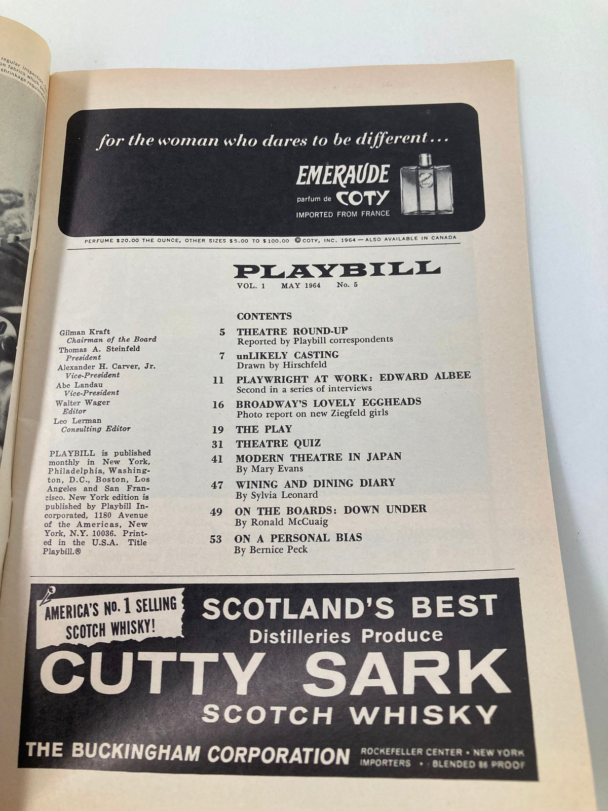 Interior page of the 1964 Playbill from the Alvin Theatre, detailing the contents and advertisements, related to High Spirits featuring Beatrice Lillie and Tammy Grimes.
