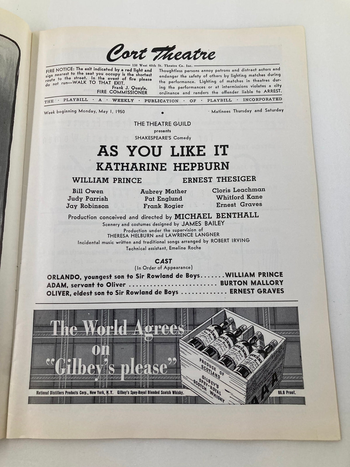Inside page of the 1950 Cort Theatre Playbill for 'As You Like It', listing the cast including Katharine Hepburn and William Prince, with details about the production.
