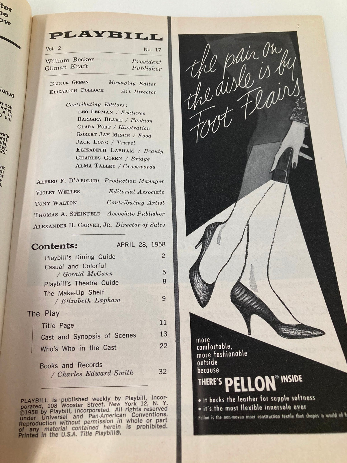 Inside page of the 1958 Playbill from Morosco Theatre, detailing contents and featuring advertisements, for the play 'Time Remembered'.