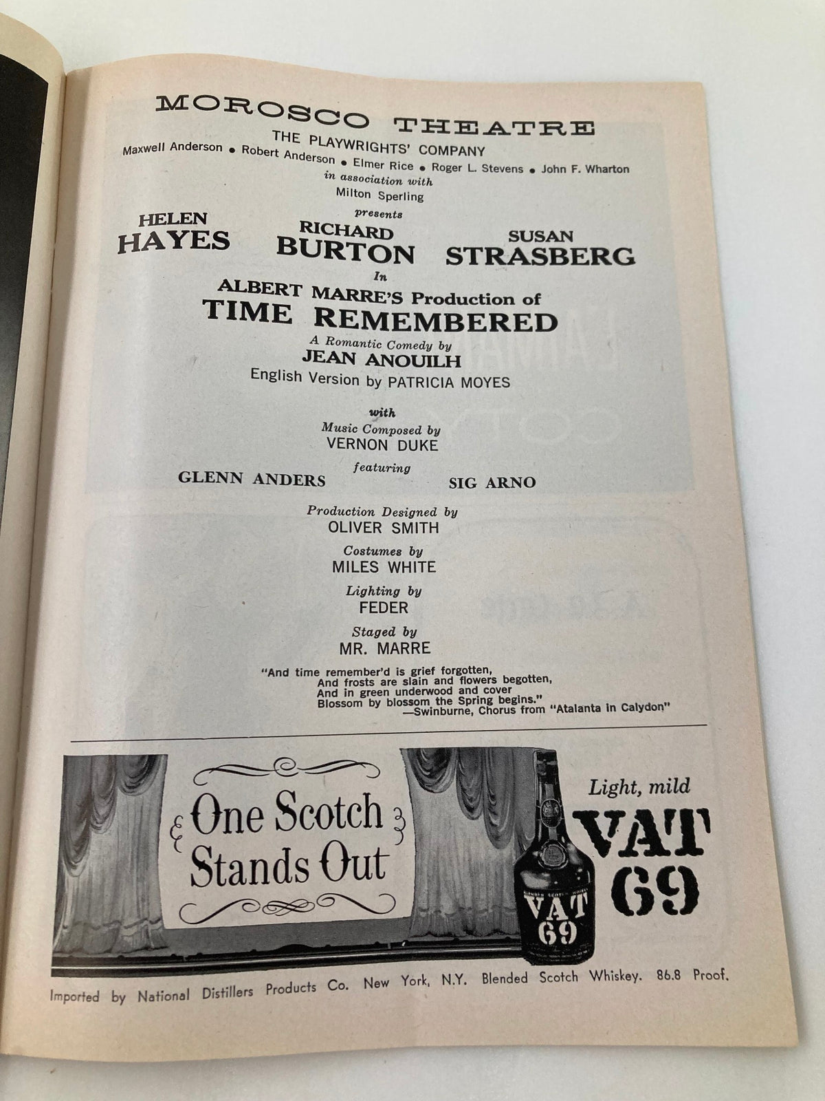 Another inside page of the 1958 Playbill from Morosco Theatre, highlighting the cast, including Helen Hayes and Richard Burton in 'Time Remembered'.