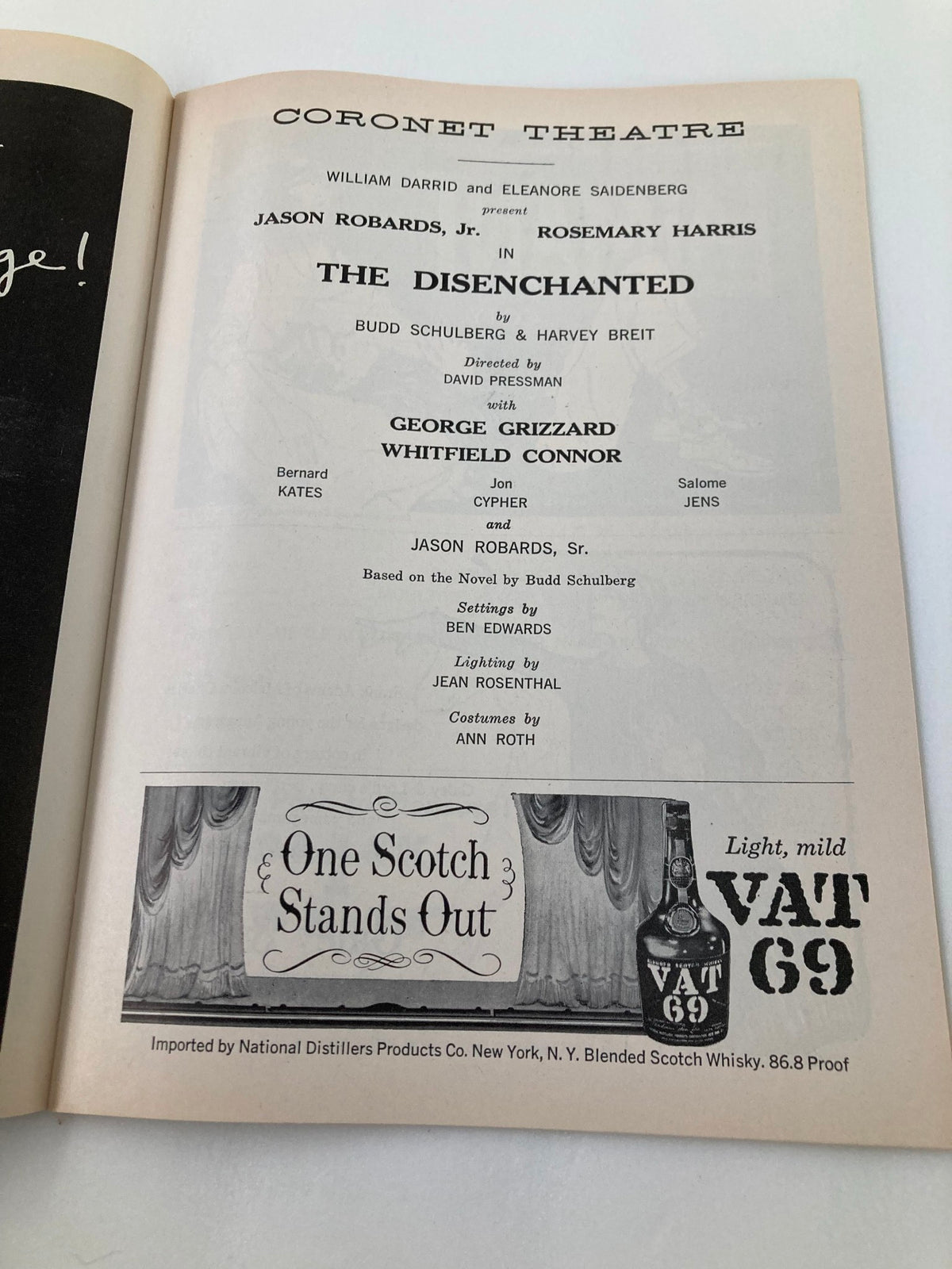 1959 Playbill Coronet Theatre highlighting 'The Disenchanted' starring Jason Robards Jr., including cast details and advertising for Vat 69 whisky.