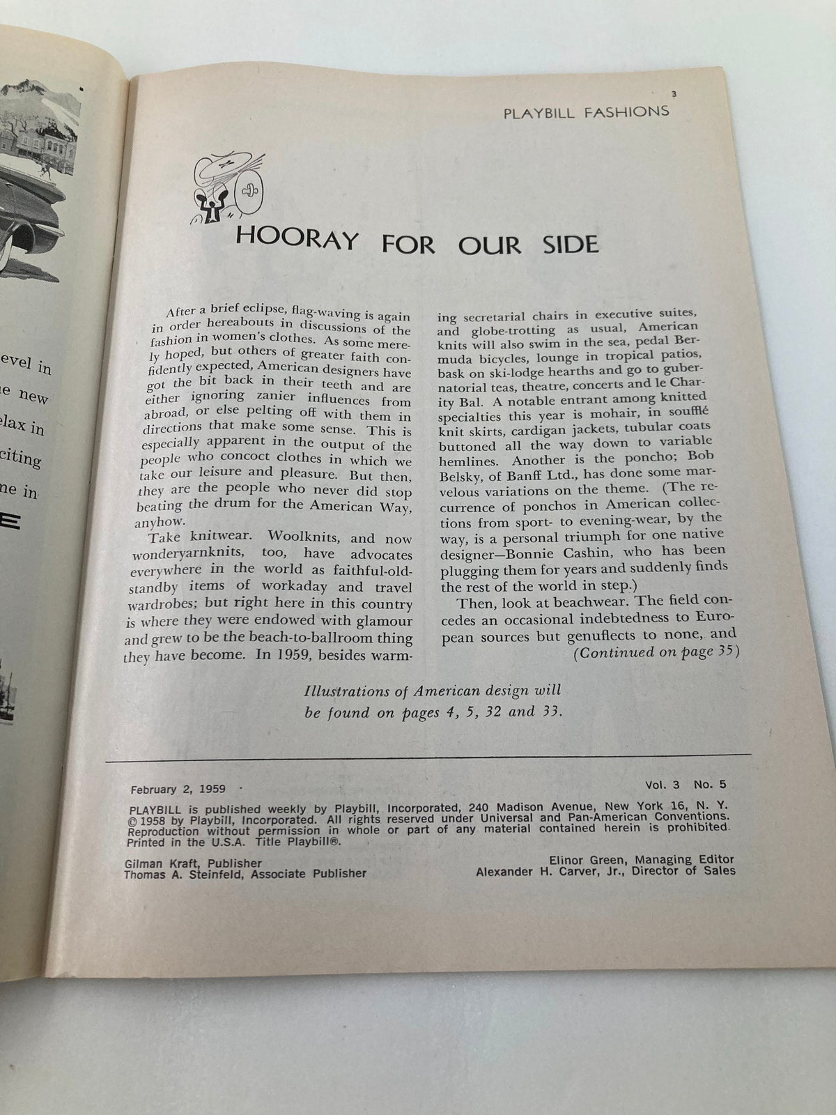 Inside page of the 1959 Playbill for The Music Box featuring an illustration titled 'Hooray for Our Side' with a brief description of American design influences in theater.