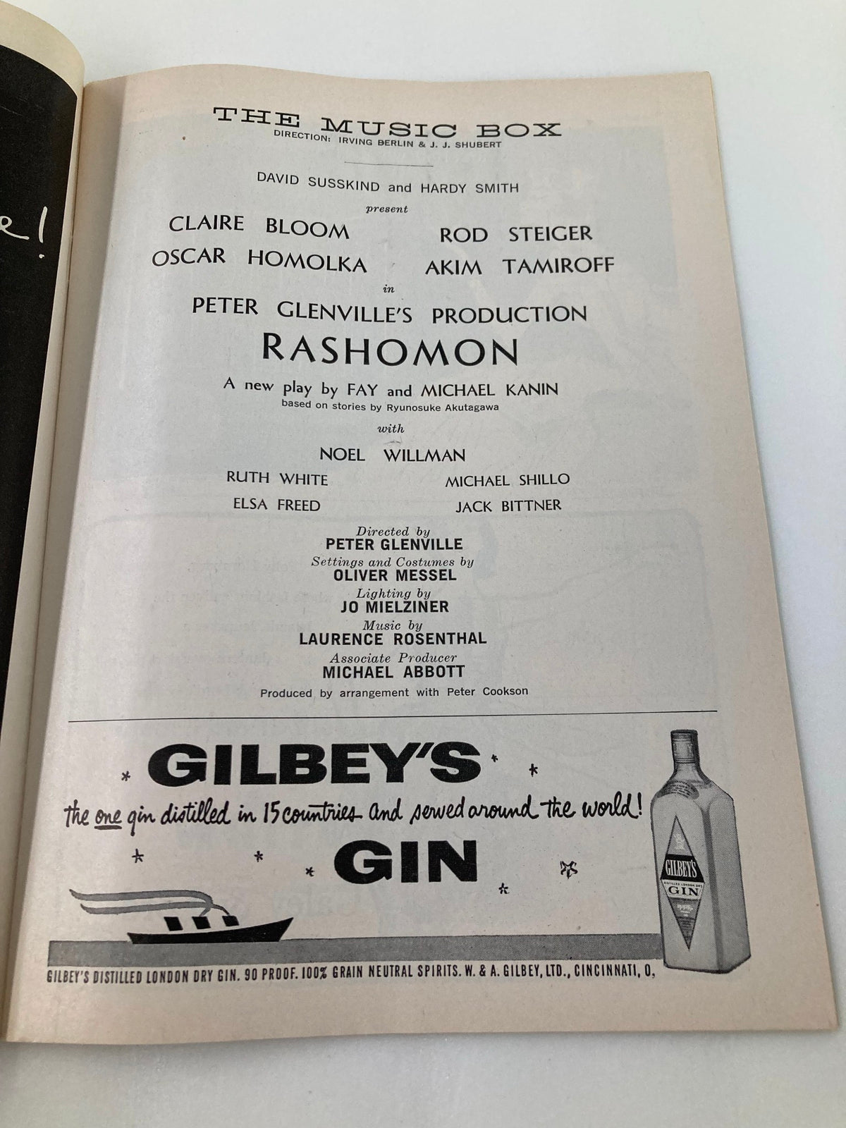 Another inside page of the 1959 Playbill for The Music Box showcasing the cast and crew of 'Rashomon' including Claire Bloom, Rod Steiger, and Oscar Homolka, along with production details.