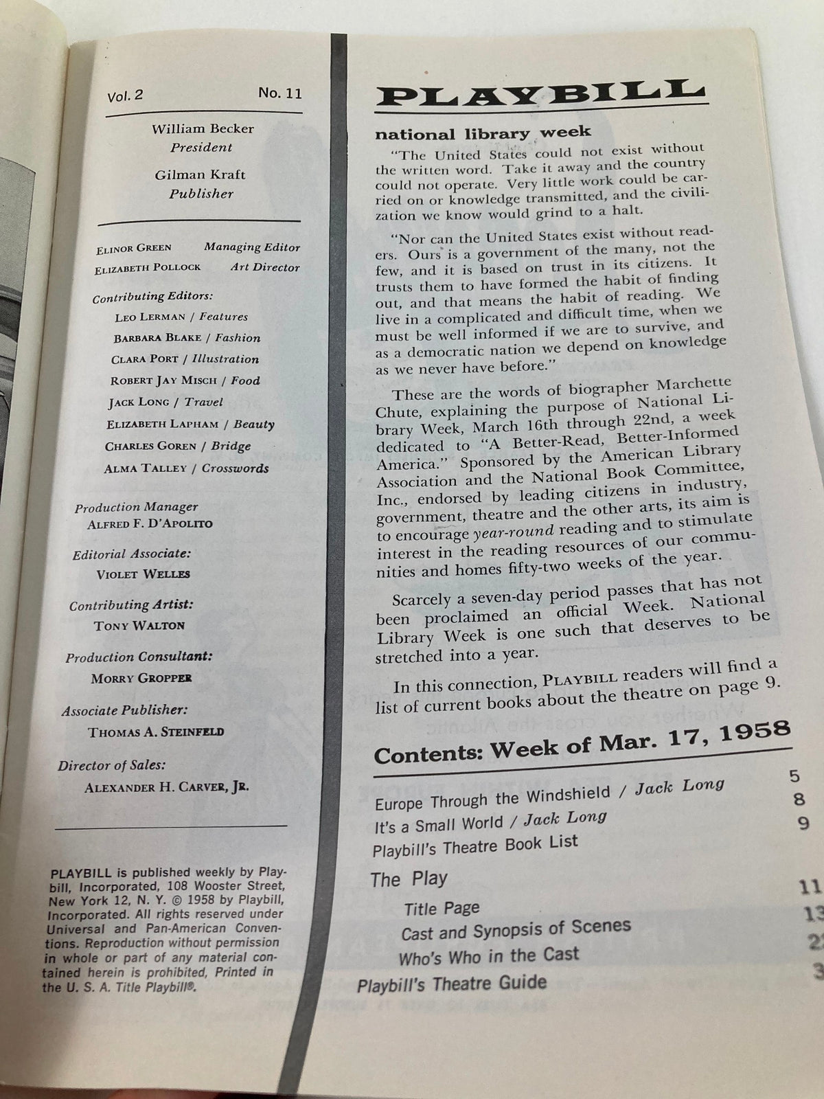 Inside page of 1958 Playbill from Royale Theatre showcasing the editorial team and a listing of contributing editors.