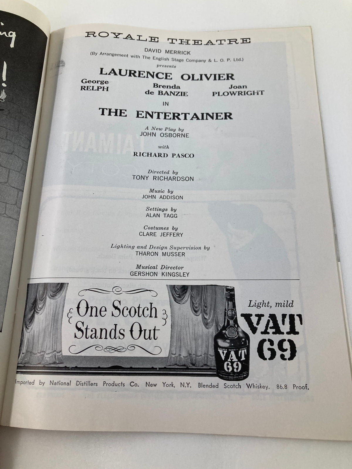 Inside of 1958 Playbill for The Entertainer featuring credits for Laurence Olivier, George Relph, and production details.