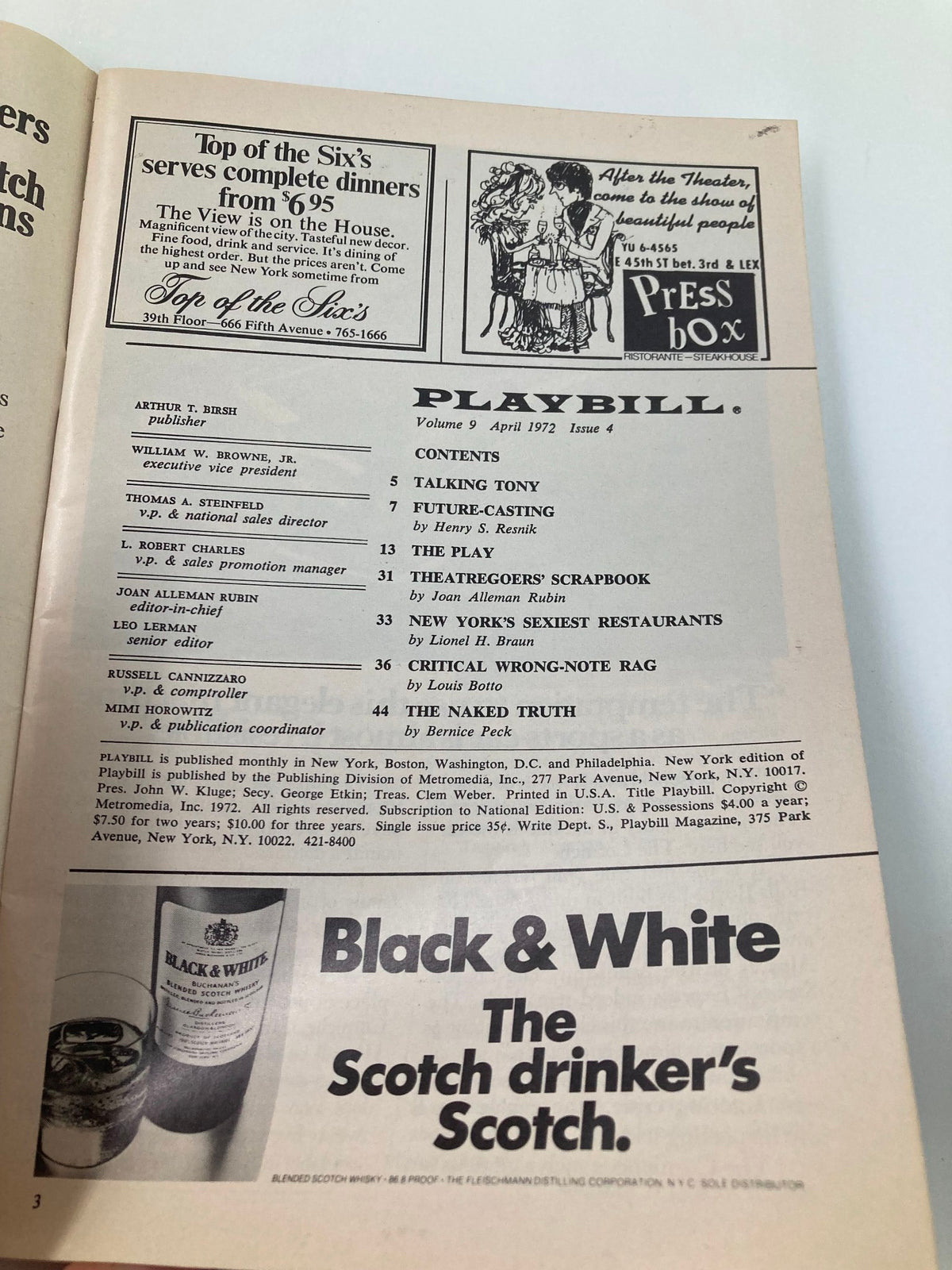 Interior page of the 1972 Playbill The Plymouth Theatre showcasing contents and advertisements, including dining options.
