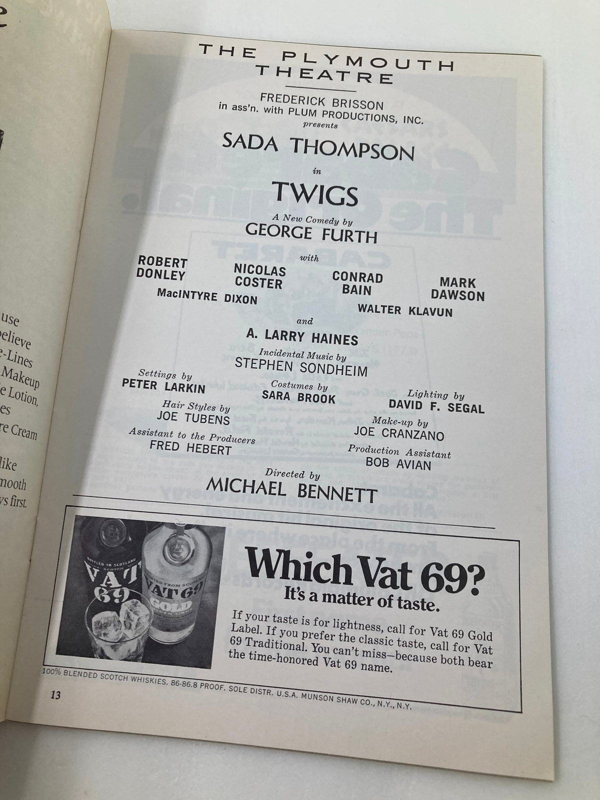 Page from the 1972 Playbill The Plymouth Theatre listing cast and crew details for 'Twigs', featuring Sada Thompson.