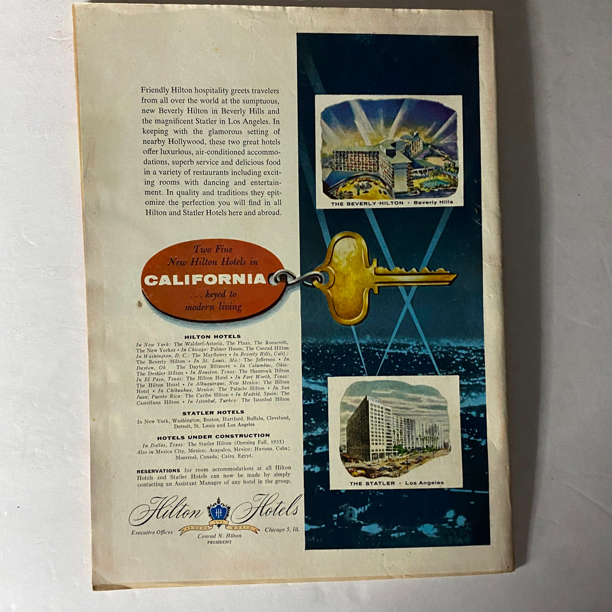 Back cover of Time Magazine dated September 5, 1955, showcasing an advertisement for Hilton Hotels in California, emphasizing luxurious accommodations and exquisite dining options.