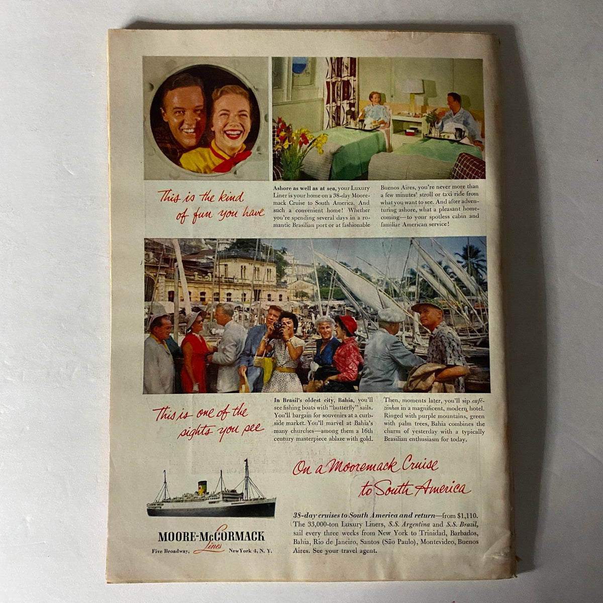 Vintage advertisement from Time Magazine October 31 1955, Vol 66 No. 18 featuring luxury cruise options to South America, showcasing joyful travelers and beautiful scenery.