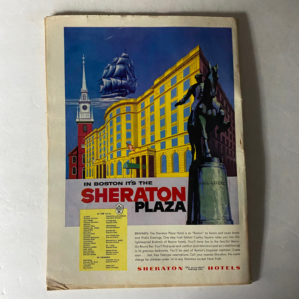 Ad for Sheraton Plaza Hotel in Boston, showcasing the hotel’s unique architecture and historical significance, from a vintage magazine context.