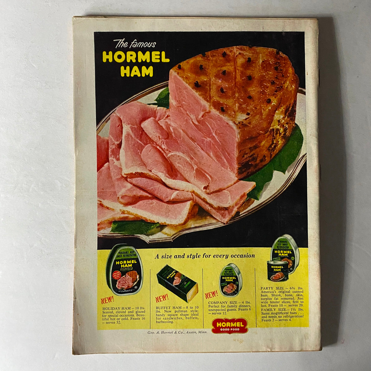Vintage advertisement for Hormel Ham featuring different varieties including Holiday Ham and Buffet Ham, showcasing sliced pink ham on a plate, with the title 'Time Magazine June 20 1955 Vol 65 No. 25 Auto Worker's Walter Reuther Cover' for historical context.