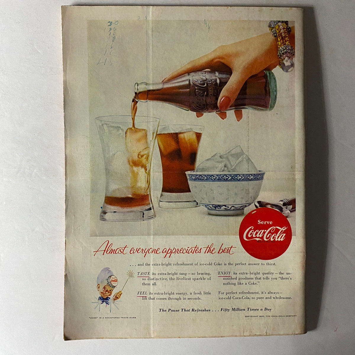 Vintage Coca-Cola advertisement featuring a hand pouring a drink into glasses, illustrating classic 1950s beverage advertising.