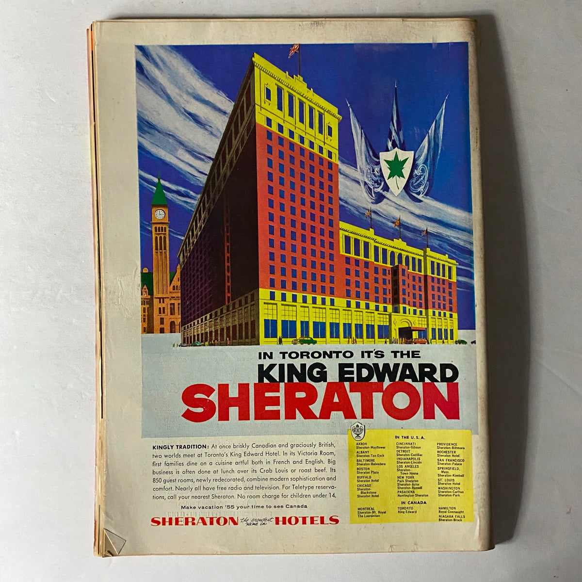 Back cover of Time Magazine July 25, 1955, showcasing an advertisement for Sheraton Hotels, reflecting 1950s style and cultural design aesthetics.