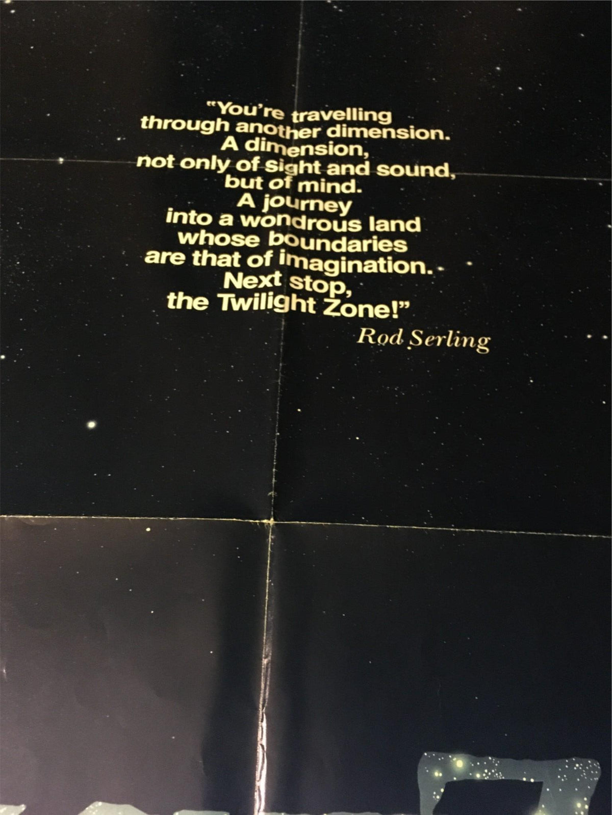 Close-up of the quote by Rod Serling featured on the '1983 Twilight Zone: The Movie' original movie poster, emphasizing imagination and dimensions.