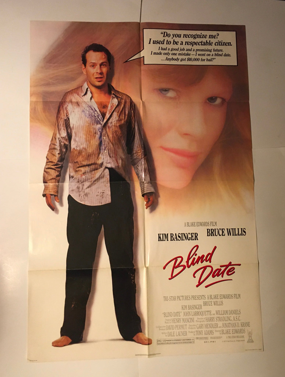 Close-up view of the 1987 Blind Date 40" x 27" Original Movie Poster featuring Bruce Willis, displaying a similar dramatic scene with impactful lighting and the same quote.