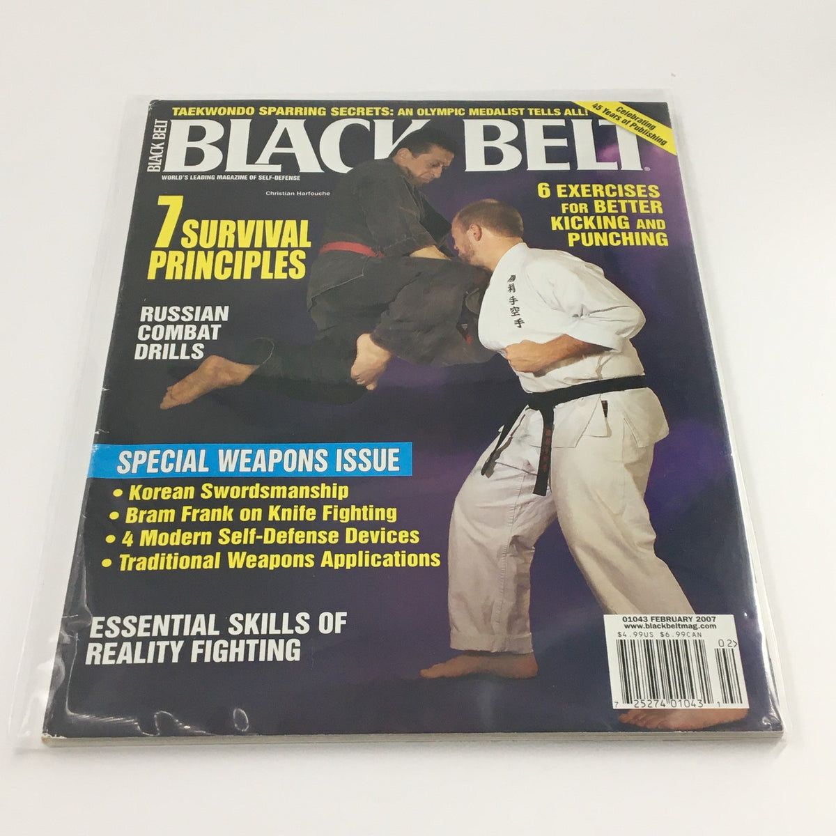 Cover of Black Belt Magazine February 2007 featuring a combat drill by Christian Harfouche, highlighting survival principles and self-defense techniques.