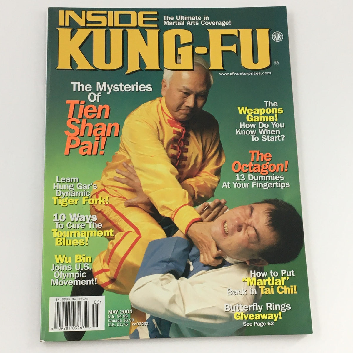 Cover of Inside Kung-Fu Magazine May 2004 featuring 'The Mysteries of Tien Shan Pai', showcasing a martial arts demonstration with a practitioner in traditional attire.