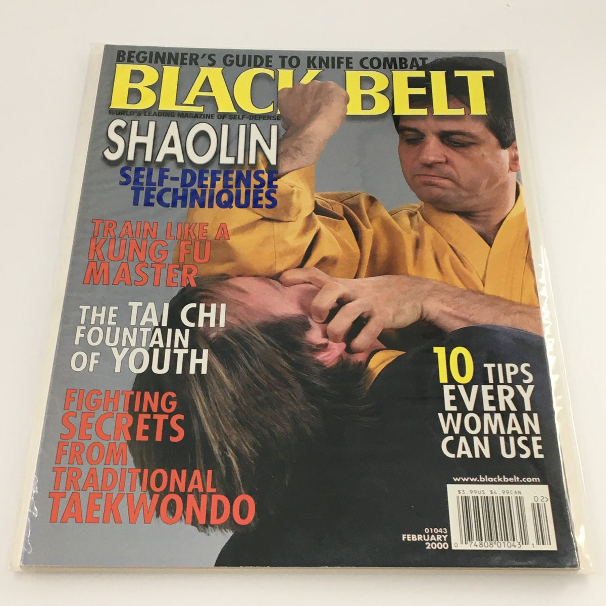 Cover of Black Belt Magazine February 2000 featuring 'The Tai Chi Fountain of Youth' article, showcasing martial arts techniques with a Shaolin focus.