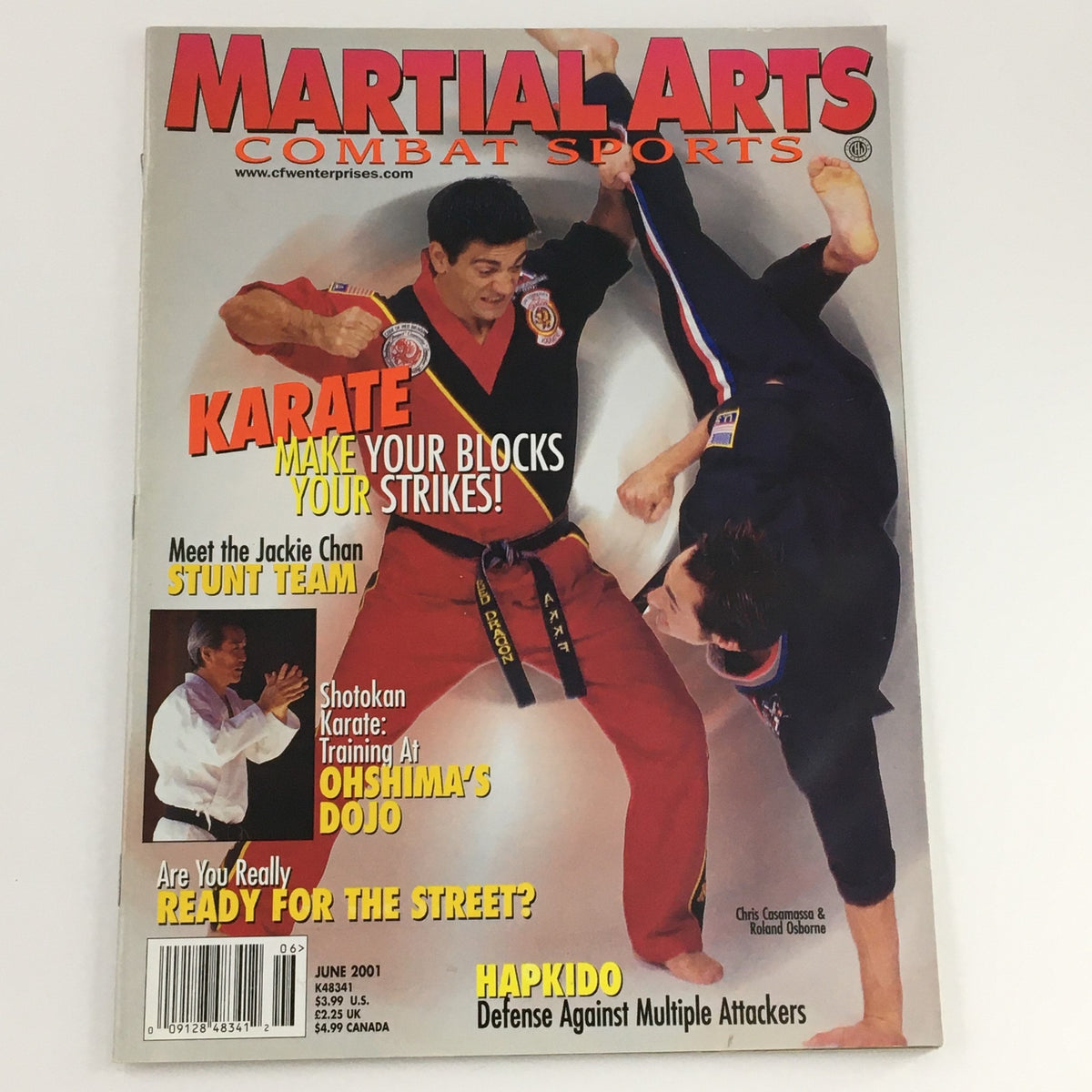 Martial Arts Combat Sports Magazine June 2001 featuring Chris Casamasa on the cover, showcasing karate techniques and training with visuals of martial artists in action.