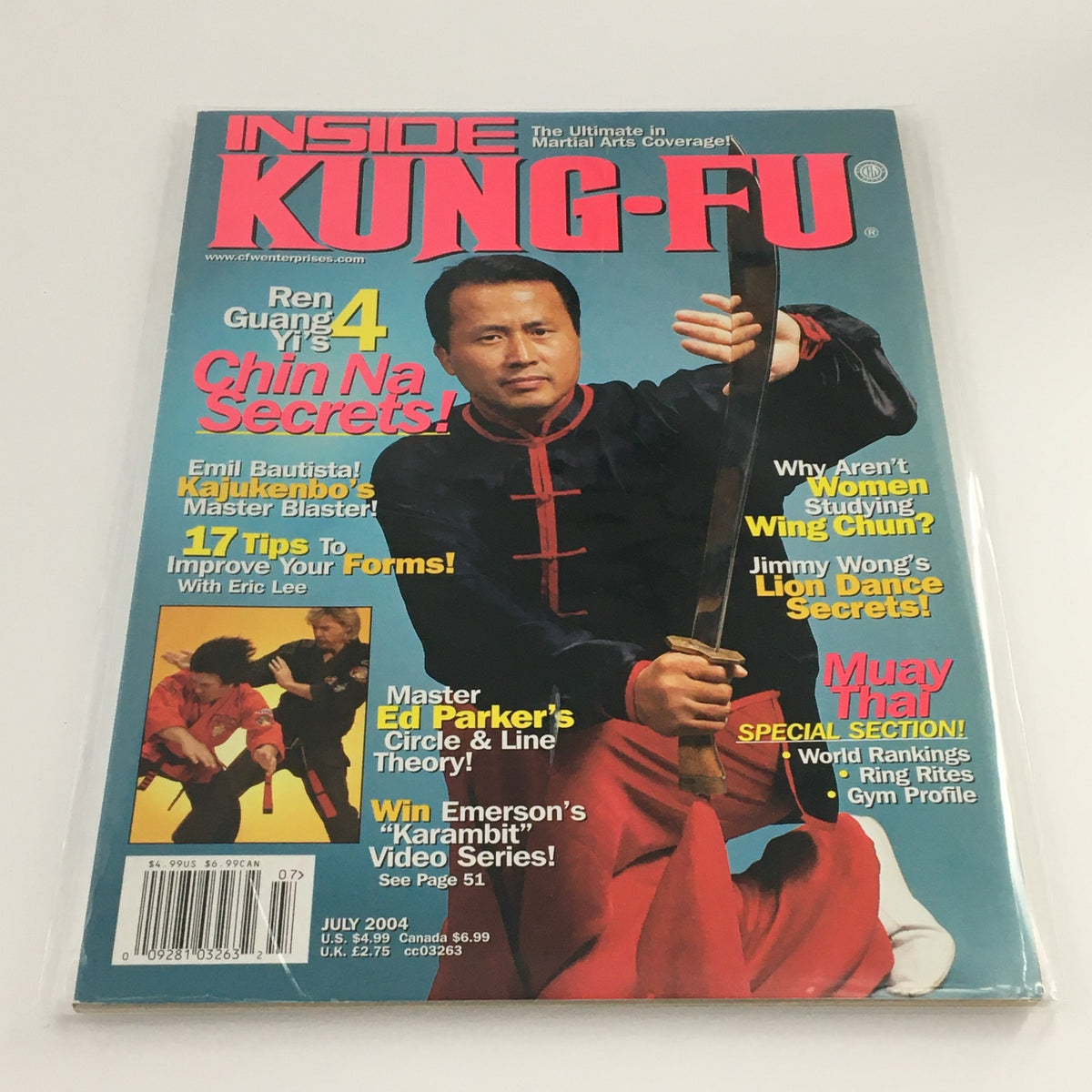 Cover of Inside Kung-Fu Magazine July 2004 featuring Ren Guang Yi's Chin Na Secrets, showcasing martial artist in traditional attire demonstrating a martial arts technique. Vintage magazine for collectors and enthusiasts.
