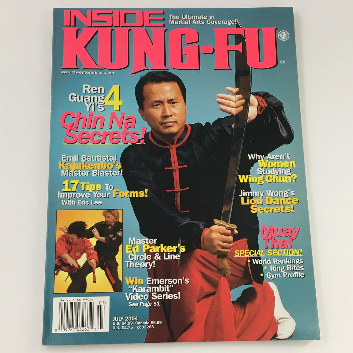 Front cover of Inside Kung-Fu Magazine July 2004 highlighting Ren Guang Yi's Chin Na Secrets, with imagery of martial artist practicing with a sword in traditional garb. A collectible issue for martial arts aficionados.
