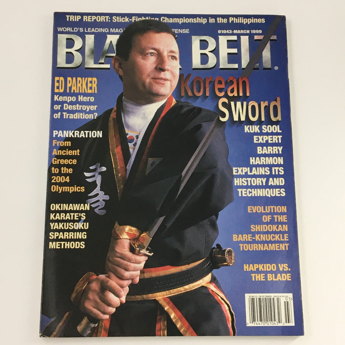 Black Belt Magazine March 1999 with Ed Parker on the cover, titled 'Kenpo Hero or Destroyer of Tradition', highlighting articles on martial arts history and techniques.