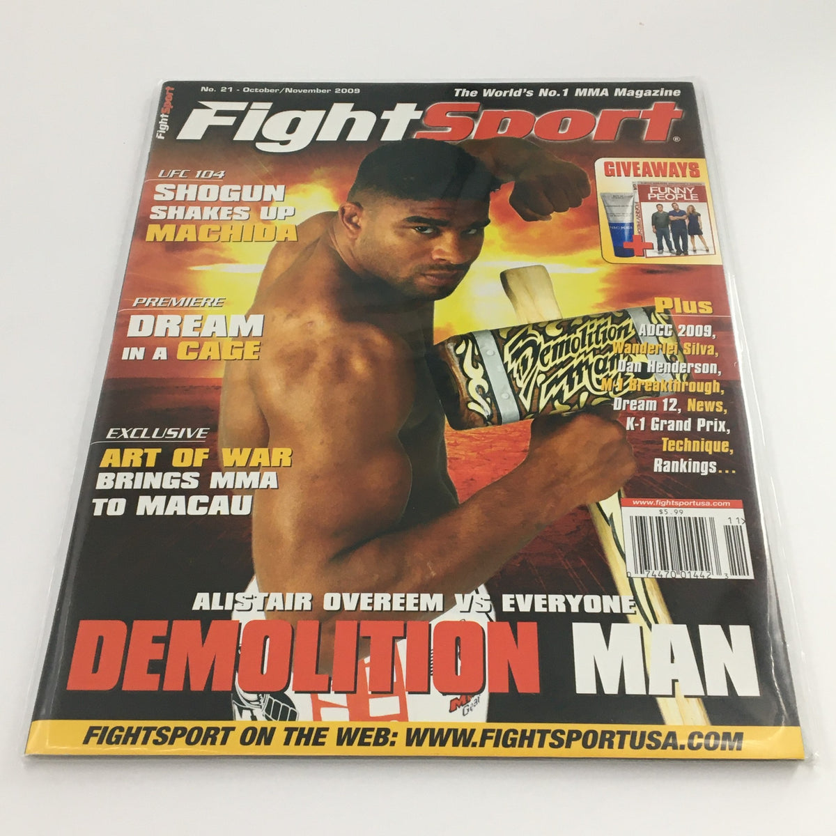 Cover of Fight Sport Magazine October November 2009 featuring Alistair Overeem, highlighting MMA topics, in very good condition, newsstand edition, bagged and boarded for protection.