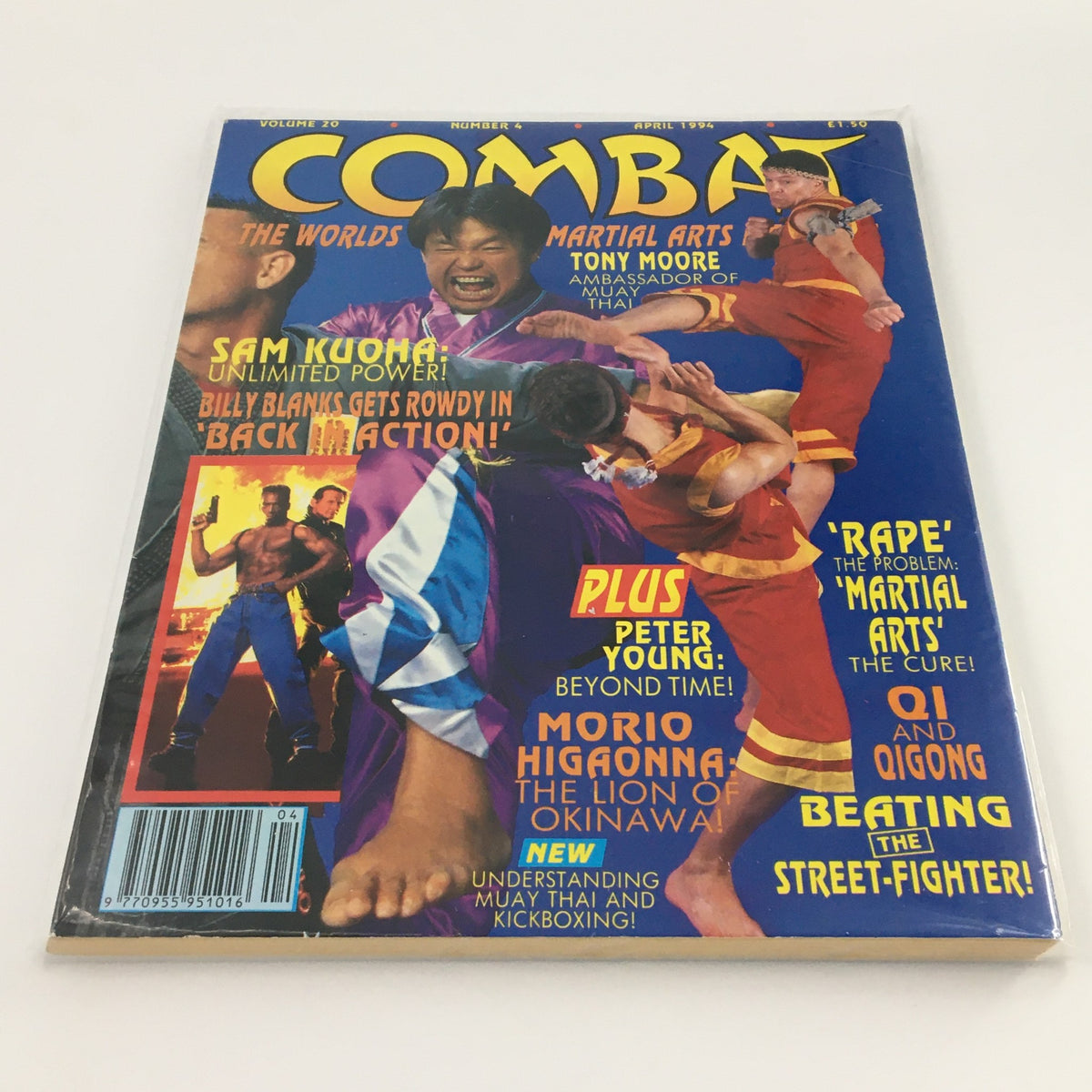 Combat Martial Arts Magazine April 1994 featuring Tony Moore and Sam Kuoha on the cover, showcasing martial arts themes, techniques, and notable personalities.