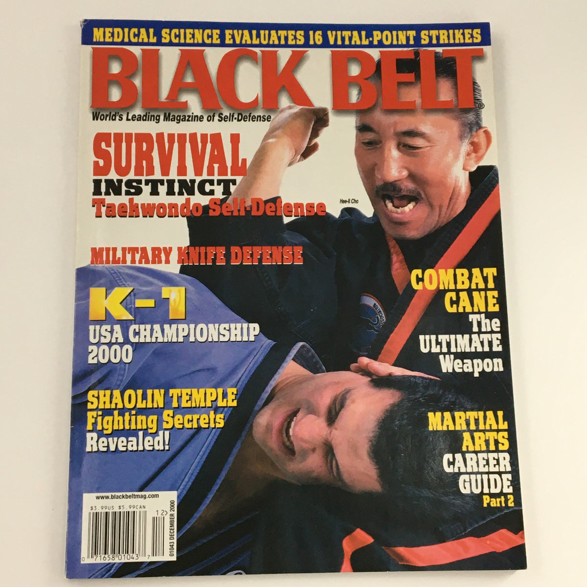 Black Belt Magazine December 2000 cover highlighting Hee-II Choo K-1 USA Champion 2000, with articles on survival instinct, martial arts career guidance, and fighting secrets.