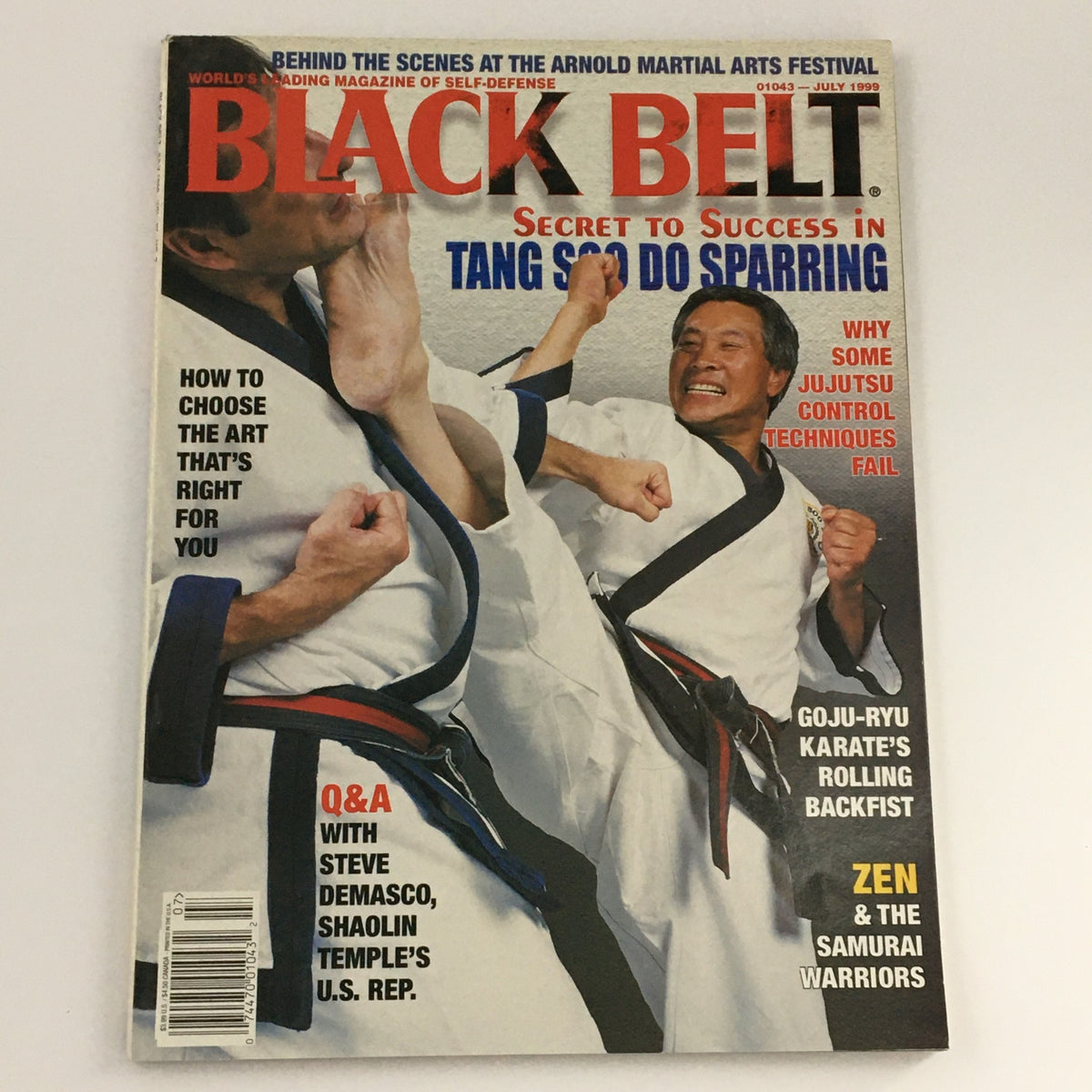 Cover image of Black Belt Magazine July 1999 displaying Goju-Ryu Karate's Rolling Backfist, surrounding martial arts topics, and insights from Steve Demasco, Shaolin Temple's U.S. representative.
