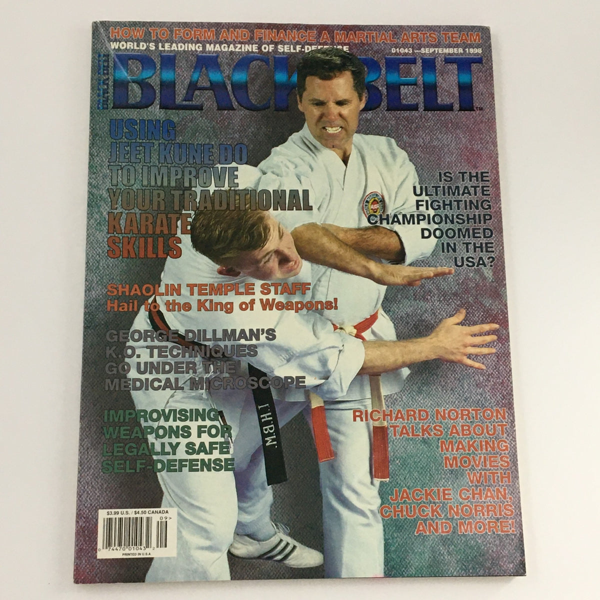 Black Belt Magazine September 1998 highlighting George Dillman's K.O. techniques, includes features on martial arts skills, Shaolin temple staff, and a discussion on self-defense strategies.