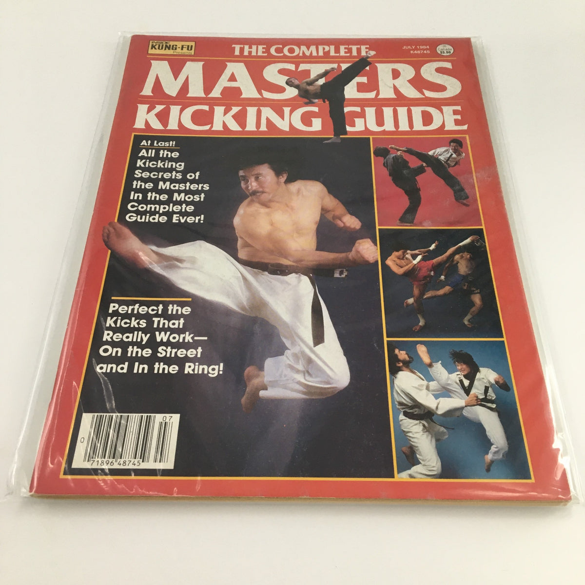 Cover of Inside Kung-Fu Magazine July 1984 featuring the Complete Masters Kicking Guide, showcasing dynamic martial arts kicks and techniques with multiple practitioners in action.