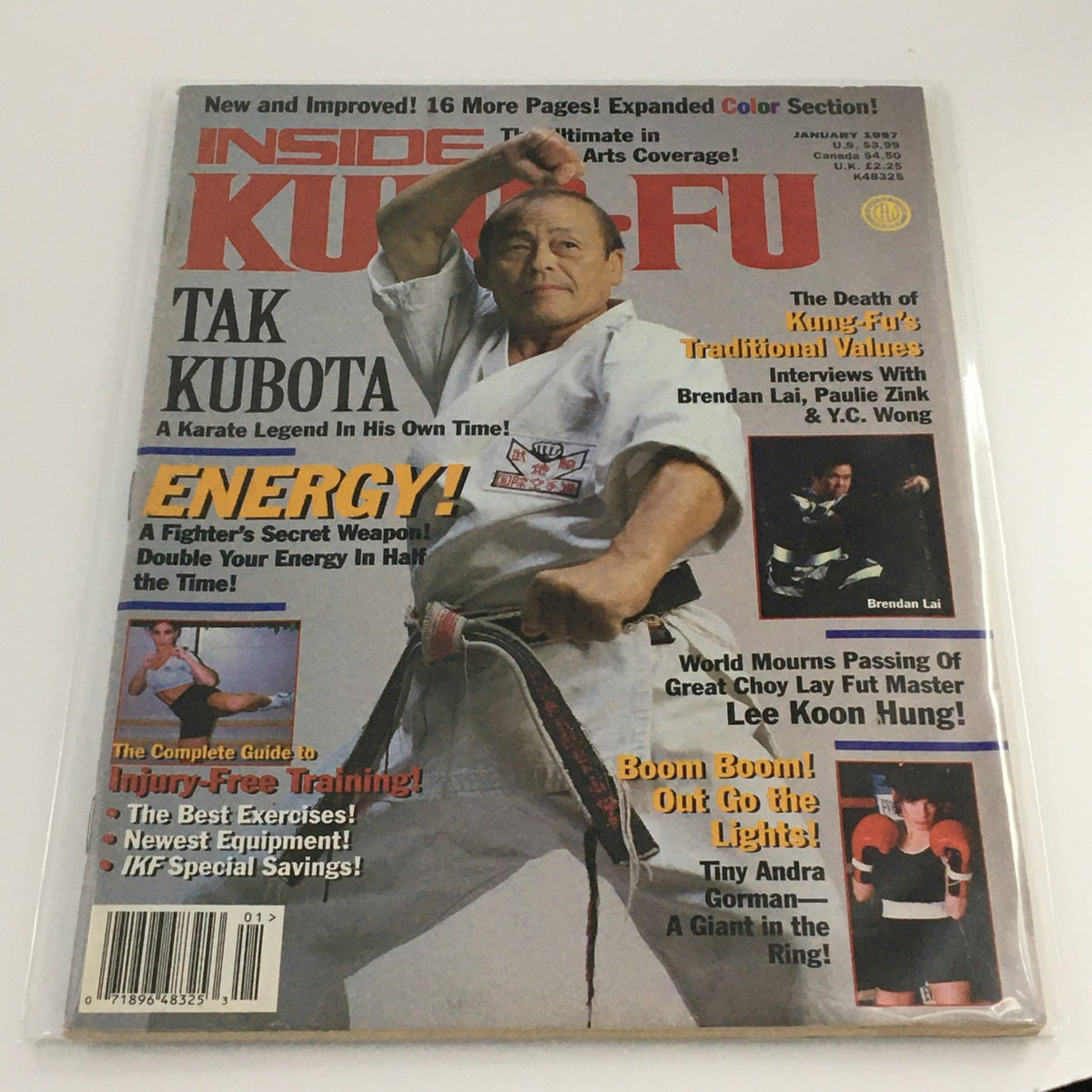 Cover of Inside Kung-Fu Magazine January 1997 featuring Tak Kubota, a karate legend, showcasing martial arts techniques and energy training tips.