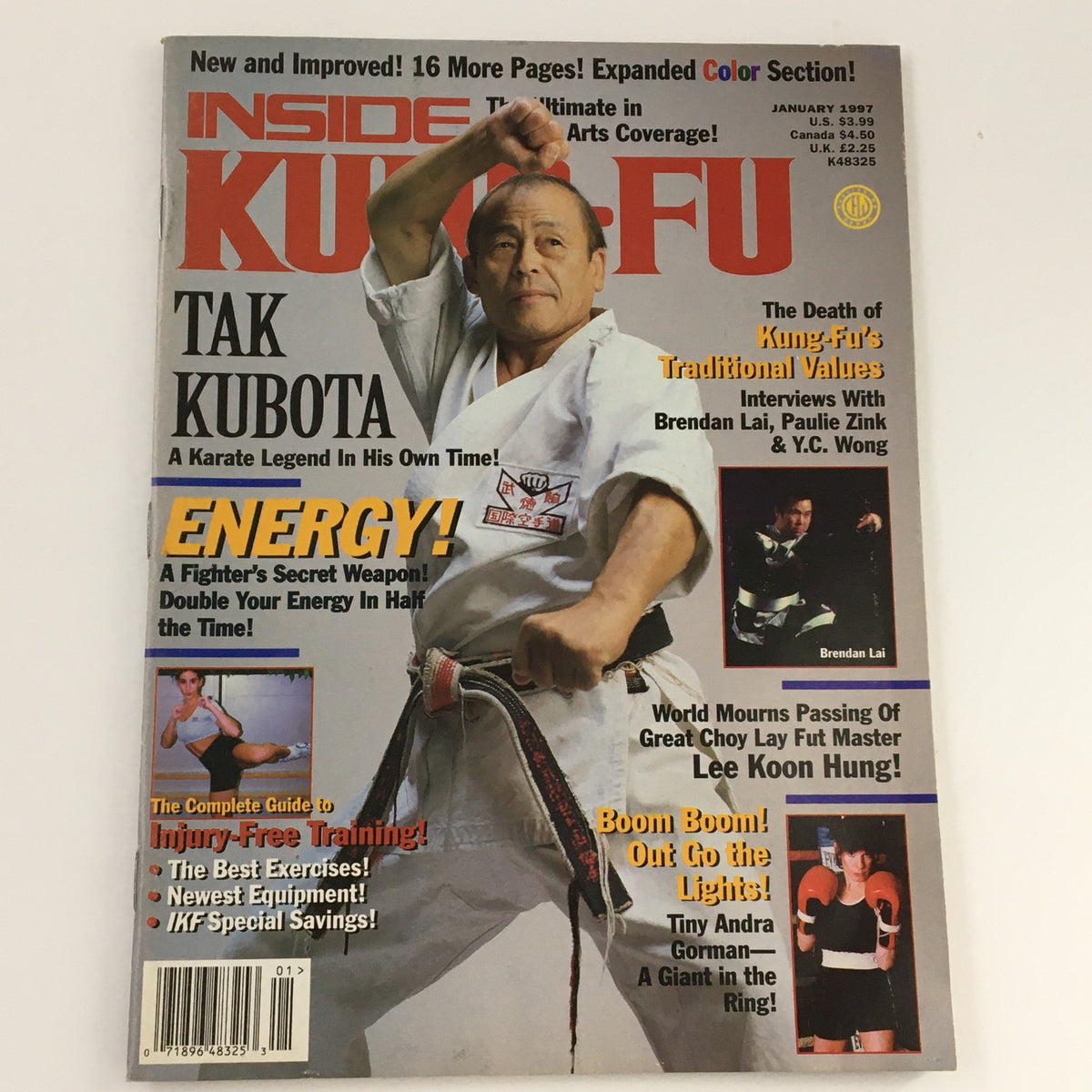 Inside Kung-Fu Magazine January 1997 displaying Tak Kubota on the cover with articles on karate history and injury-free training.