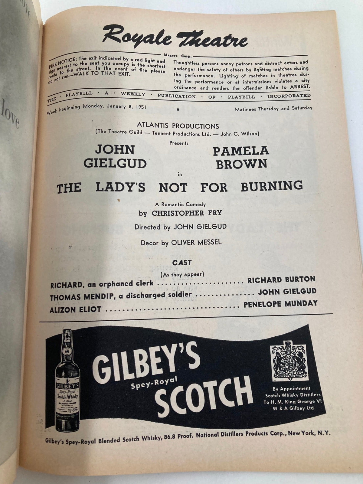 Inside page of the 1951 Playbill for The Lady's Not For Burning, including cast details and production notes at the Royale Theatre.