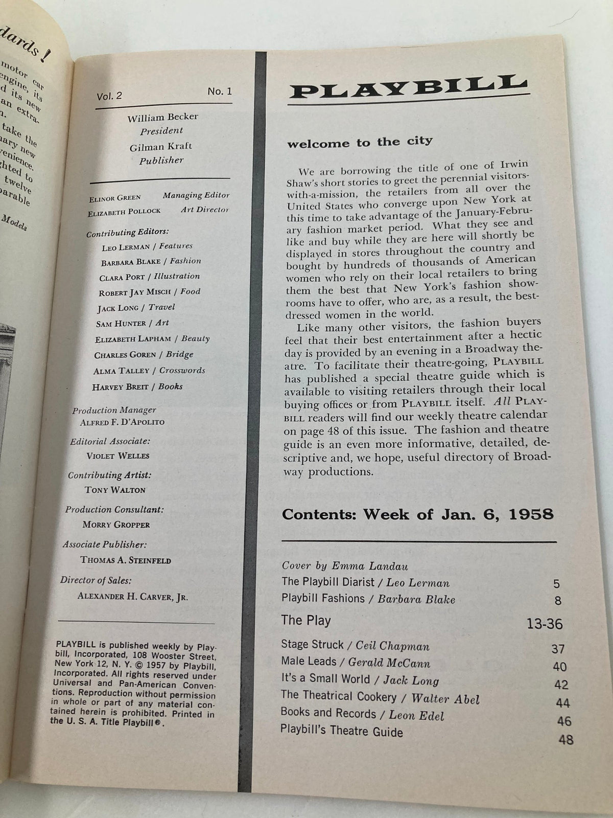 Inside page of the 1958 Playbill for 'The Dark at the Top of the Stairs' featuring content overview and additional ads.